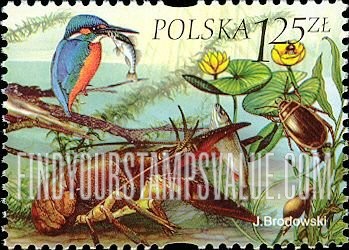FindYourStampsValue: Flora and Fauna in Reservoirs: Kingfisher holding fish, crawfish holding fish, snail, beetle and water lilies