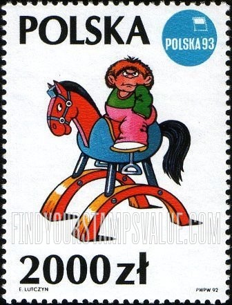 FindYourStampsValue: Illustrations by Edward Lutczyn: Boy on rocking horse with rockers reversed