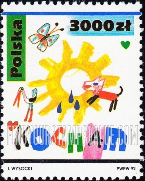 FindYourStampsValue: Children’s Drawings of Love: Butterfly, animals with sun and rain