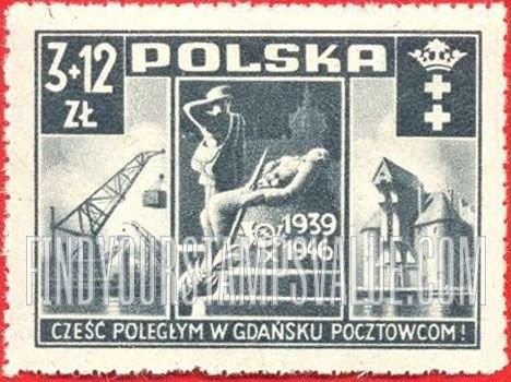 FindYourStampsValue: SEMI-POSTAL - Salute to P.T.T. Casualty and Views of 1946, Mar. 10 Gdansk