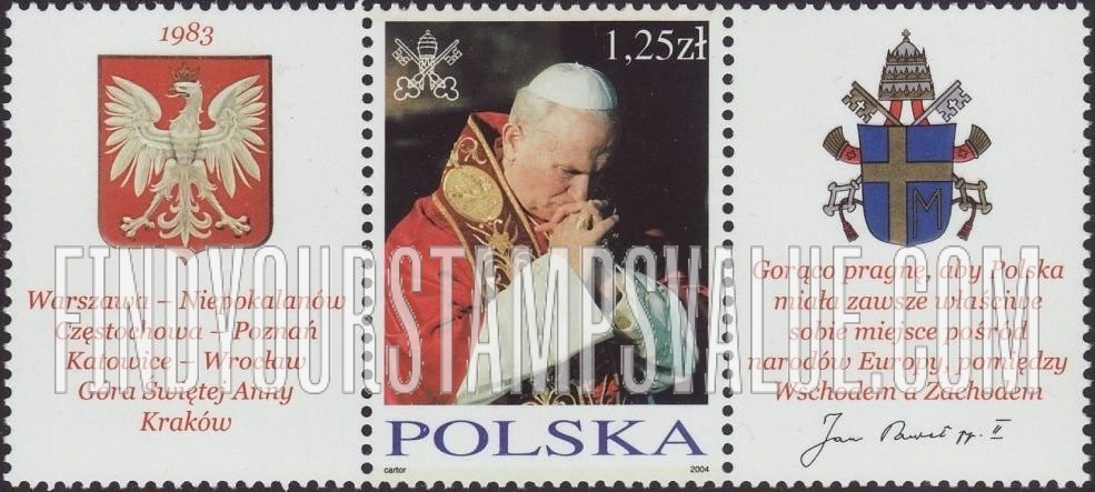 FindYourStampsValue: Visits to Poland by Pope John Paul II: Wearing red stole, praying