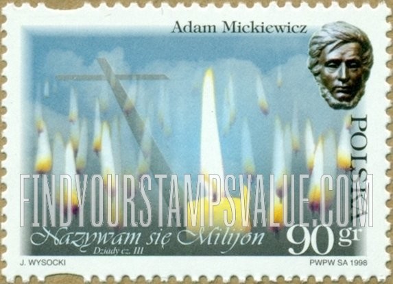 FindYourStampsValue: Adam Mickiewicz (1798-1855), Poet: Burning candles, cross