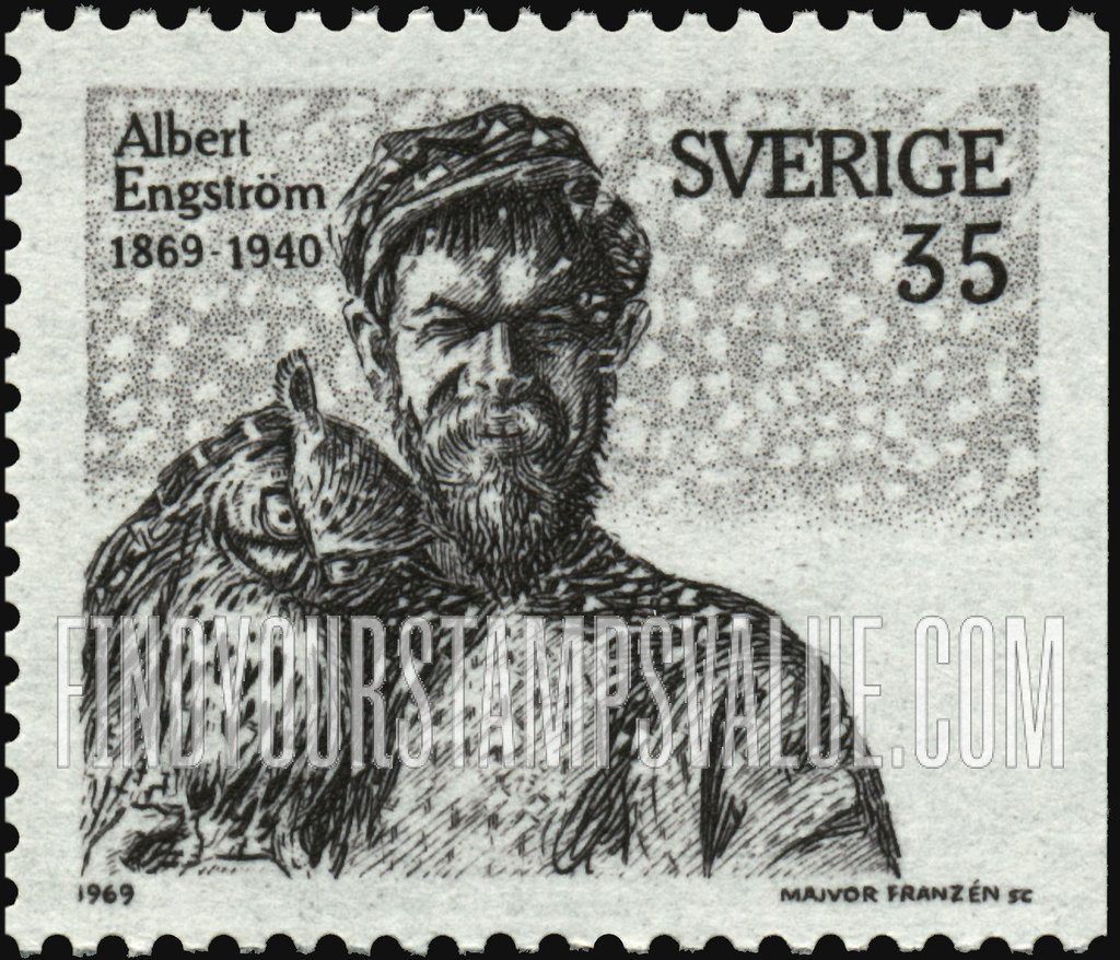 FindYourStampsValue: Albert Engstrom with Owl, Self-portrait
