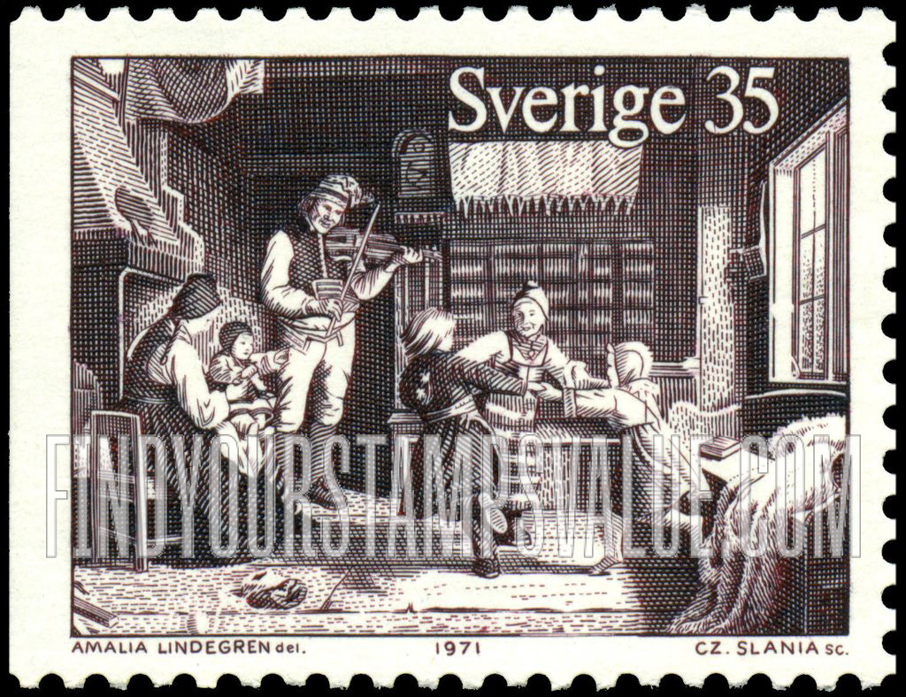 FindYourStampsValue: Christmas Customs (Old Prints): Dancing children and father playing fiddle