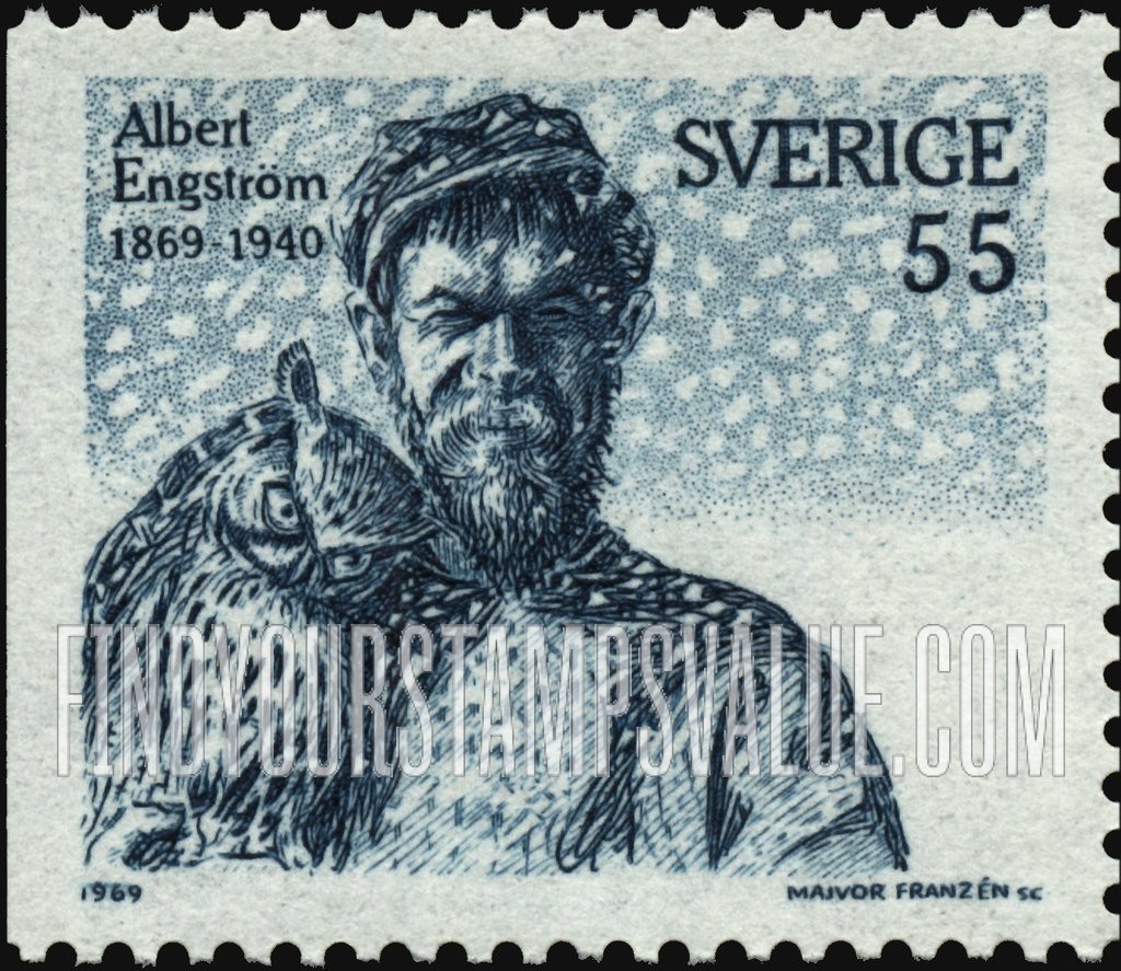 FindYourStampsValue: Albert Engstrom with Owl, Self-portrait