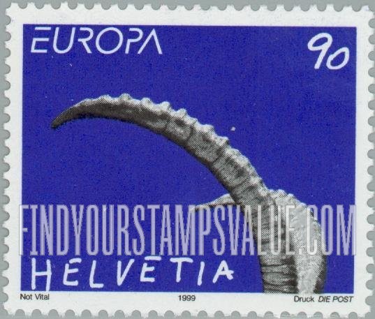 FindYourStampsValue: Federal Administration, Swiss National Park: Horns of an ibex