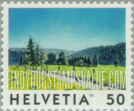 FindYourStampsValue: Federal Administration, View of Switzerland: Fence posts along country road