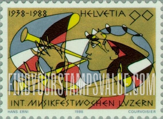 FindYourStampsValue: Federal Administration, International Music Festival, Lucerne, 50th Anniversary: Girl playing a shawm