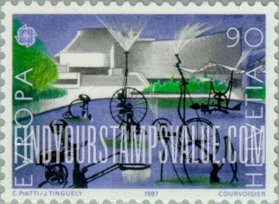 FindYourStampsValue: Federal Administration, Europa 1987, Sculpture: Carnival Fountain, 1977, by Jean Tinguely, Basel Theater