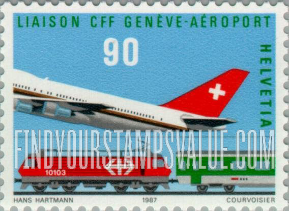 FindYourStampsValue: Federal Administration: Cointrin Airport-Geneva, Rail Link Opening, June 1, 1987