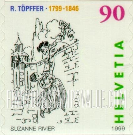 FindYourStampsValue: Federal Administration, Comic Book, “Les Amours de Monsieur Vieux Bois”, by Rodolphe Töpffer (1799-1846): Pulling lady up to lift her over wall