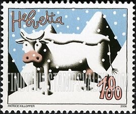 FindYourStampsValue: Federal Administration, Caricatures of Cows by Patrice Killoffer: Cow in snow
