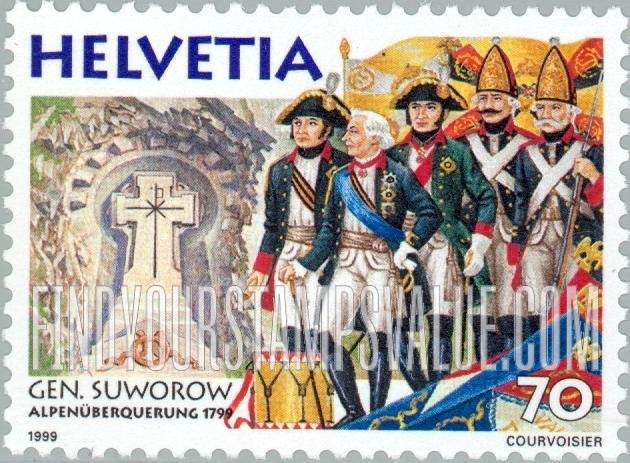 FindYourStampsValue: Federal Administration, Field Marshal Aleksandr Suvorov’s Alpine Campaign, 200th Anniversary: Suvorov and soldiers, monument at Schöllenen Gorge