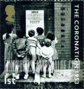 FindYourStampsValue: Great Britain (United Kingdom): Coronation of Queen Elizabeth II, 50th Anniversary - Children reading Coronation Party Sign