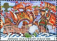 FindYourStampsValue: Great Britain (United Kingdom): Defeat of the Spanish Armada by the Royal Navy, 400th Anniversary - Battle Scene off the Isle of Wight, July 25, 1588