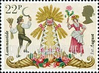 FindYourStampsValue: Great Britain (United Kingdom): Folklore - Wheat, Fruit, Farm Couple dancing (Lammastide)