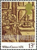 FindYourStampsValue: Great Britain (United Kingdom): 500 Years of British Printing, introduced by William Caxton - Printing Press and Printers, Early 16th Century Woodcut