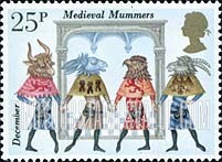 FindYourStampsValue: Great Britain (United Kingdom): Folklore - Medieval Mummers, 14th Century Manuscript Illustration