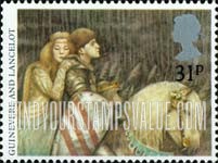FindYourStampsValue: Great Britain (United Kingdom): Arthurian Legends - Guinevere and Lancelot fleeing from Camelot
