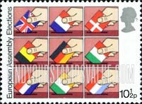 FindYourStampsValue: Great Britain (United Kingdom): European Parliament, First Direct Elections - Flags of Member Nations as Ballots