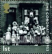 FindYourStampsValue: Great Britain (United Kingdom): Coronation of Queen Elizabeth II, 50th Anniversary - Children standing in front of House