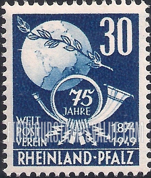 FindYourStampsValue: RHINE PALATINATE - Globe, Olive Branch and Post Horn: UPU Type of Baden, 1949