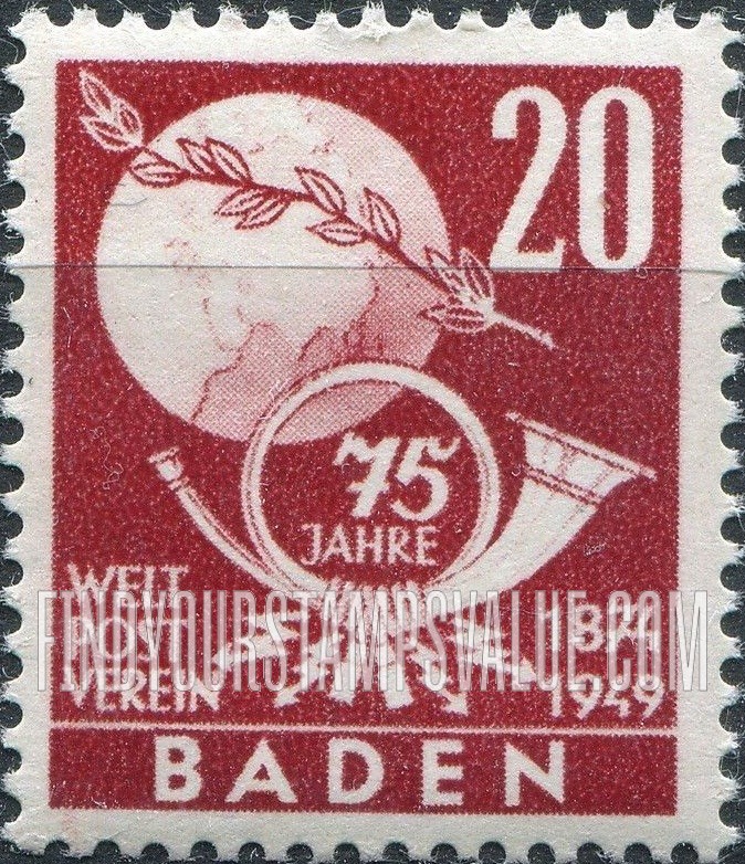 FindYourStampsValue: BADEN - Globe, Olive Branch and Post Horn