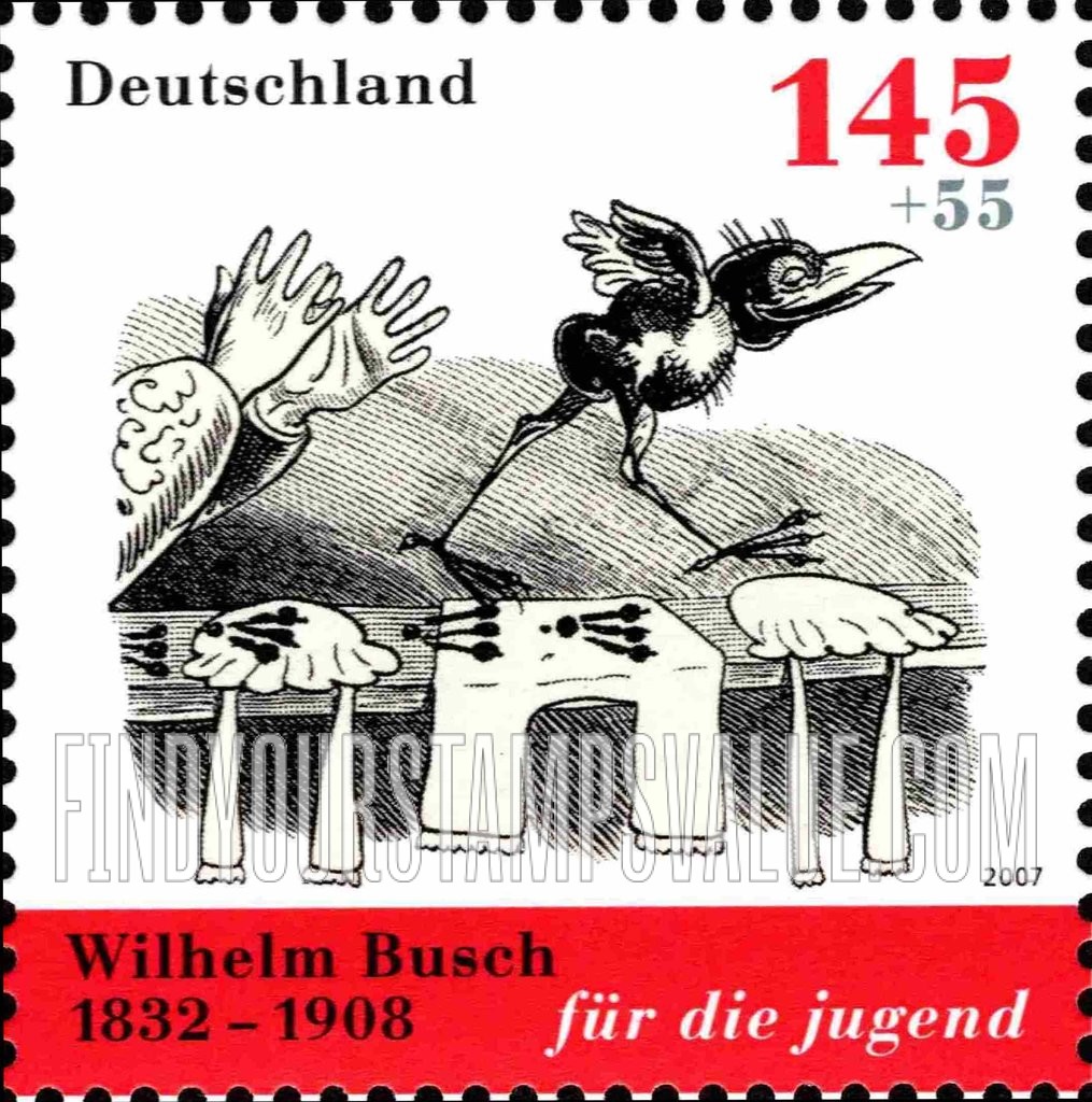 FindYourStampsValue: SEMI-POSTAL - Hans Huckelbein, der Unglücksrabe by Wilhelm Busch: Bird dirtying clean laundry