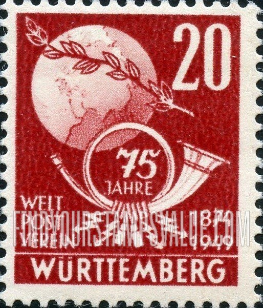 FindYourStampsValue: WURTTEMBERG - Globe, Olive Branch and Post Horn: UPU Type of Baden, 1949