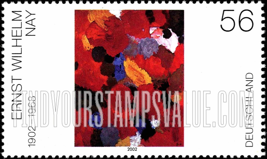 FindYourStampsValue: Yellow Feather in Red, by Ernst Wilhelm Nay (1902-68)