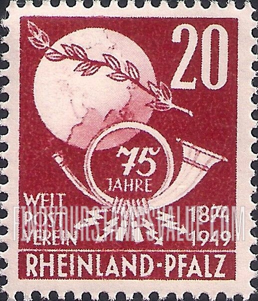 FindYourStampsValue: RHINE PALATINATE - Globe, Olive Branch and Post Horn: UPU Type of Baden, 1949