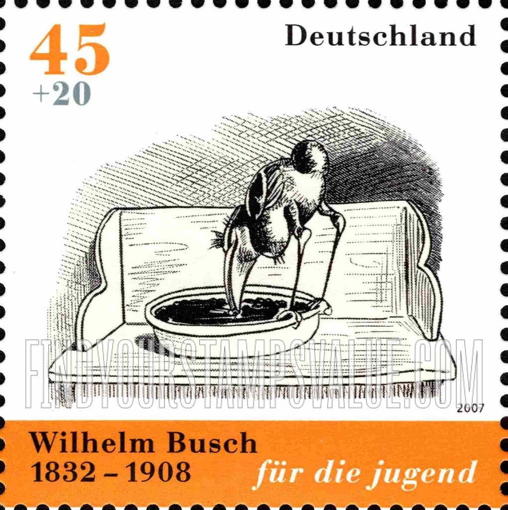 FindYourStampsValue: SEMI-POSTAL - Hans Huckelbein, der Unglücksrabe by Wilhelm Busch: Bird eating berry jam