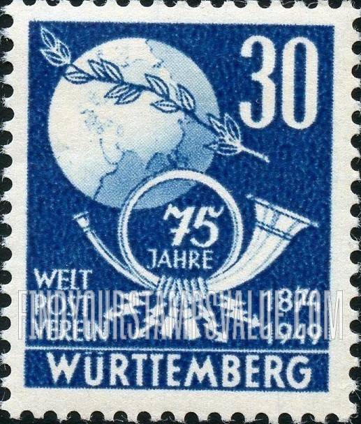 FindYourStampsValue: WURTTEMBERG - Globe, Olive Branch and Post Horn: UPU Type of Baden, 1949