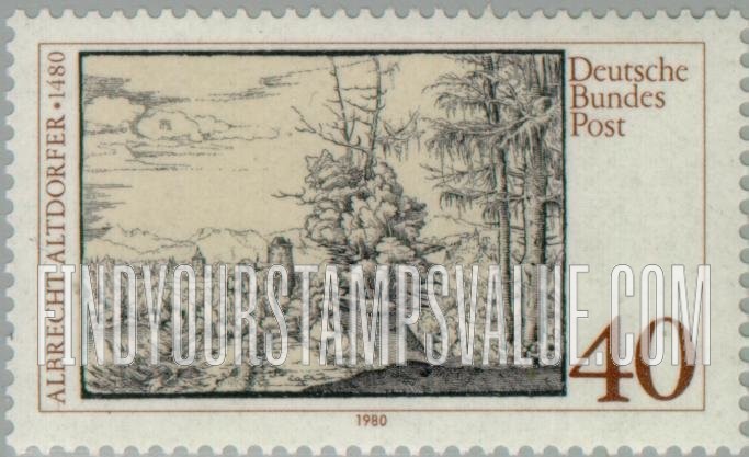 FindYourStampsValue: 500th Birth Anniversary of Albrecht Altdorfer, Painter and Engraver - Landscape with Fir Trees, by Altdorfer