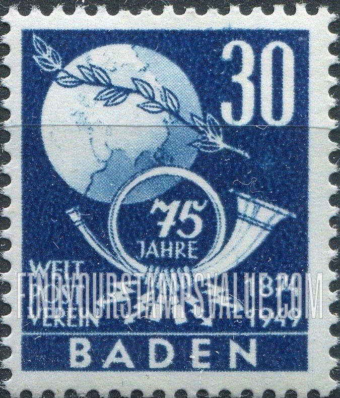 FindYourStampsValue: BADEN - Globe, Olive Branch and Post Horn