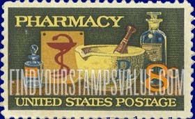 FindYourStampsValue: PHARMACY - Mortar and Pestle, Bowl of Hygeia, 19th Century Medicine Bottles