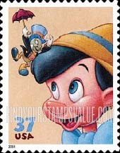 FindYourStampsValue: DISNEY CHARACTERS - Jiminy Cricket, Pinocchio, Self-Adhesive stamp