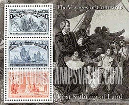 FindYourStampsValue: VOYAGES OF COLUMBUS - First Sighting of Land, Souvenir sheet of 3 stamps
