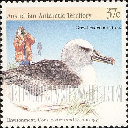 FindYourStampsValue: AUSTRALIAN ANTARCTIC TERRITORY - Environment, Conservation and Technology: Gray-headed albatross and photographer