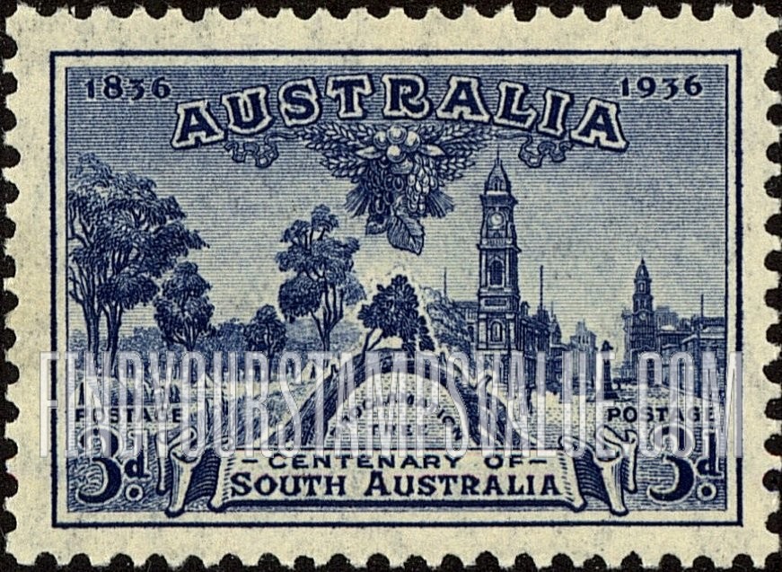 FindYourStampsValue: Proclamation Tree and View of Adelaide, 1936