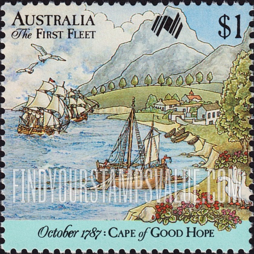 FindYourStampsValue: First Fleet arrives at Cape of Good Hope, October 1787: Fishermen pull in nets as the Fleet approaches the Cape
