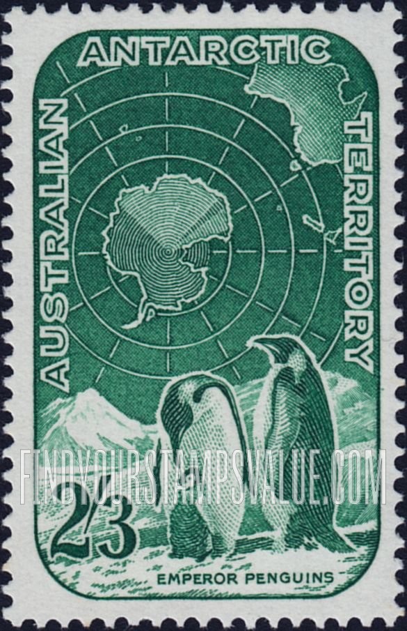 FindYourStampsValue: AUSTRALIAN ANTARCTIC TERRITORY: Emperor penguins and map, vertical
