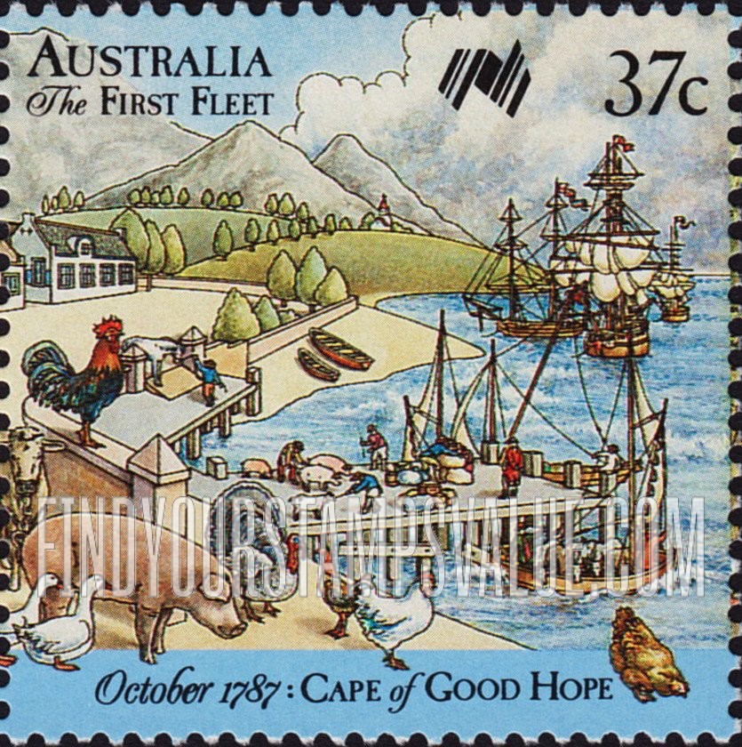 FindYourStampsValue: First Fleet arrives at Cape of Good Hope, October 1787: Ships anchored in Table Bay
