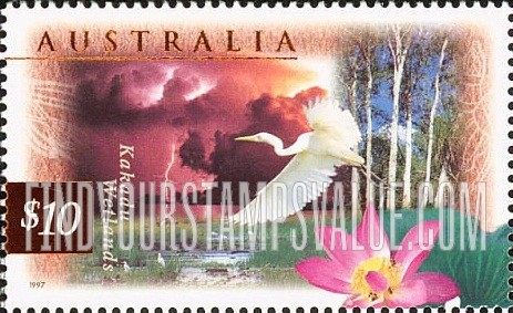 FindYourStampsValue: Flora and Fauna: Kakadu Wetlands during lightning storm, great egret, red lily