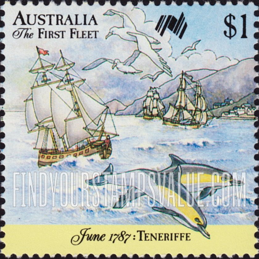 FindYourStampsValue: First Fleet Leaving England: Fleet, dolphins