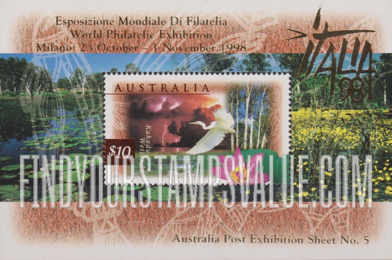 FindYourStampsValue: Flora and Fauna: Kakadu Wetlands during lightning storm, great egret, red lily