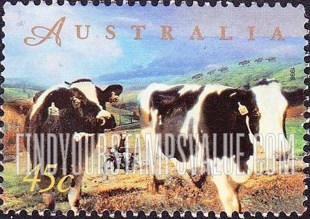FindYourStampsValue: Farming in Australia: Dairy cattle, man on motorcycle