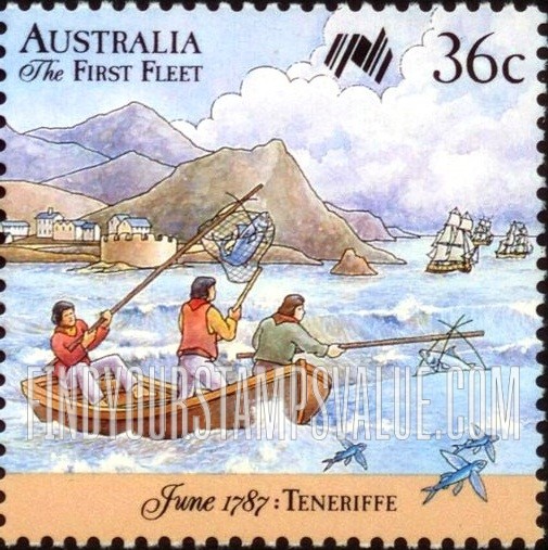 FindYourStampsValue: First Fleet Leaving England: Fishing in Tenerife Harbor