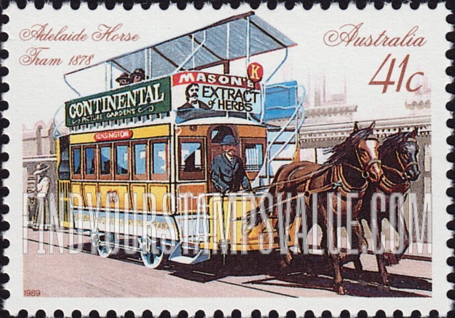 FindYourStampsValue: Street Cars: Horse-drawn tram, Adeaide, 1878