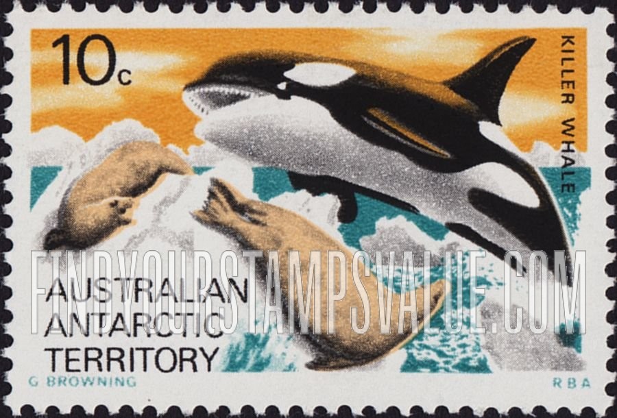 FindYourStampsValue: AUSTRALIAN ANTARCTIC TERRITORY: Killer whale hunting seals, horizontal